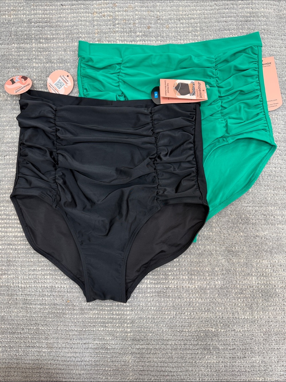 Pair of Shapermint High-Waist Ruched Swim Bottoms in Black and Green - NWT